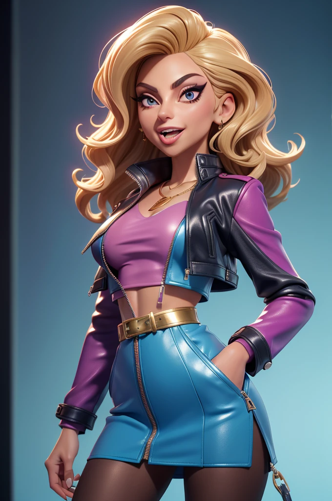 obra prima, melhor qualidade, ((only one woman,)) ((lady gaga, tan skin, wavy bob hair, open mouth,)) head back, (sassy wicked sultry sneer, big teeth smile,) open mouth, pucker mouth, sunglasses, thick smoky black eye shadow, long fake eyelashes, sticking tongue out, ((magenta leather jacket with puff shoulder,)) biker jacket has stiff collar, leather blouse, ((cerulean blue leather sweater dress, metallic leather sun dress, leather culottes,)) periwinkle blazer length leather coat, ((gold pvc skirt, pockets, unzipped front,)) studs zippers snaps, shiny leather gloves, nip slip, body is skinny, shiny tight buttocks, arched back, camera view of whole body, looking up at me, shallow depth of field, highres, HD, 8k, anatomically correct