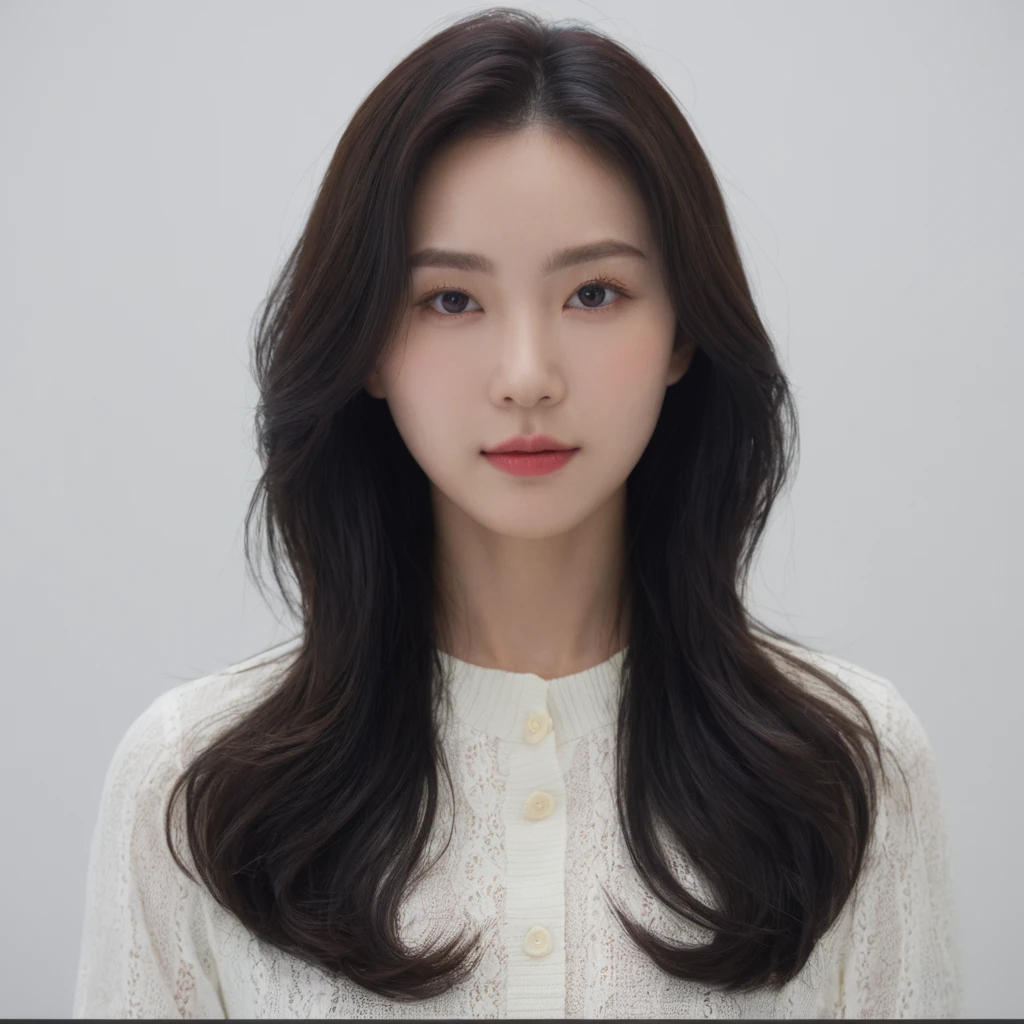 Best Quality, 8k, Masterpiece, (Portrait: 1.3), (photo realistic:1.4), (hyper realistic:1.4), Sharp Focus, looking at viewer, (smoother lighting:1.1), (increase cinematic lighting quality:0.9), realistic lighting, backlighting, light on face, ray trace, (brightening light:1.2), (Increase quality:1.4), sharp detail, (best quality real texture skin:1.4), finely detailed eyes, black_eyes, finely detailed face, 25 year old Korean woman, (white formal_shirt:1.4), (Create an image maintaining the original base model hairstyle:1.5)