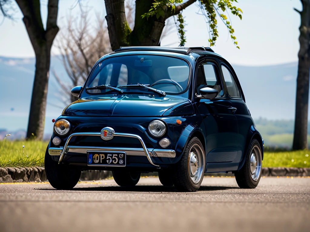 (FIAT500, classical old Italian Fiat 500 car), a small red car resting on a column at the center of a crystal clear lake in a city of the future.