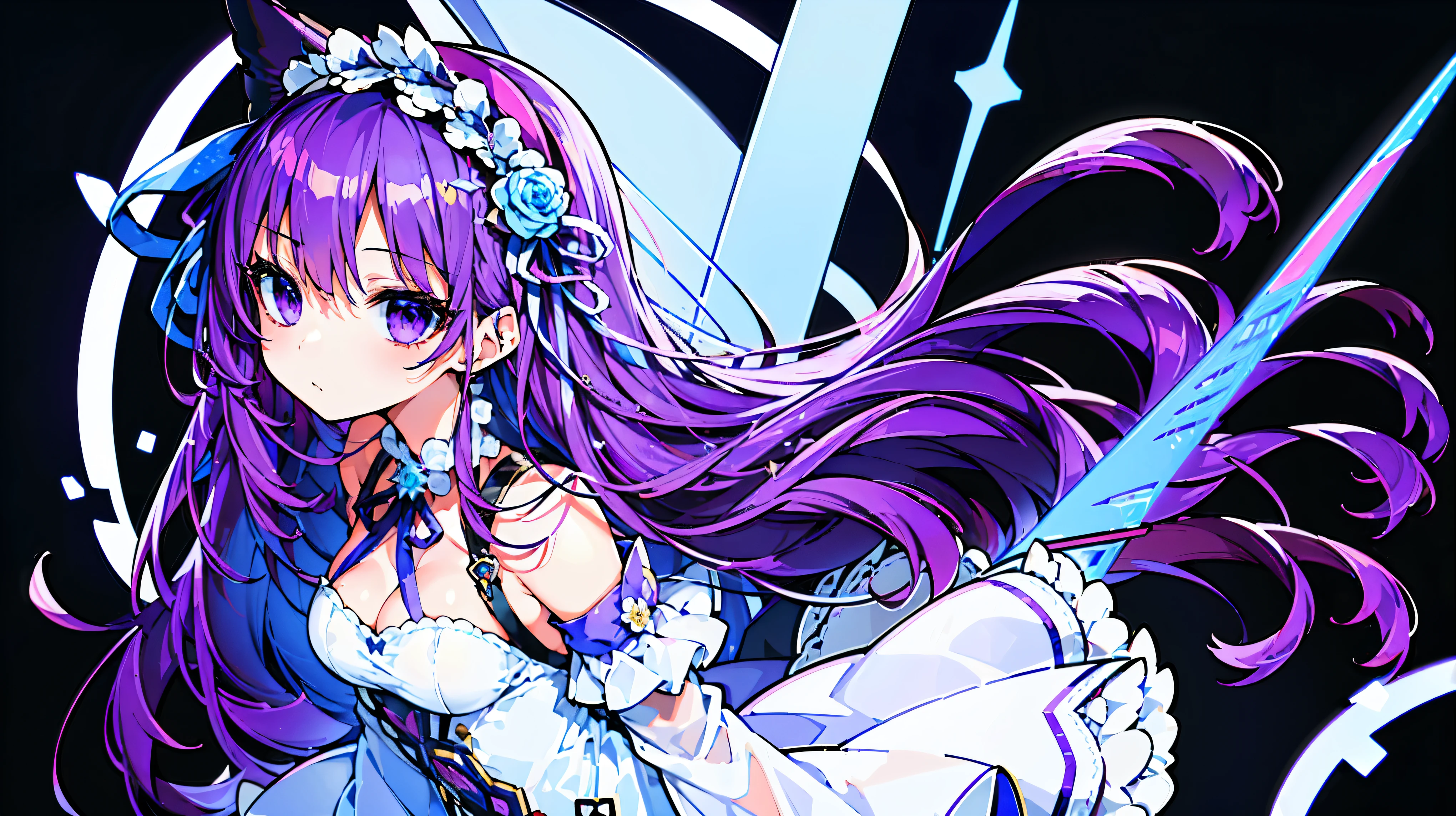 ((masterpiece, highest quality)),Best aesthetics,One girl, alone, flower, ribbon, white rose, Javelin (Azur Lane), purple hair, long hair, dark purple hairband, mechanical lance, light blue and red odd eyes, white, light blue and purple dress, transparent light blue arm ornament, lilac ribbon , small breasts,Only one side wing