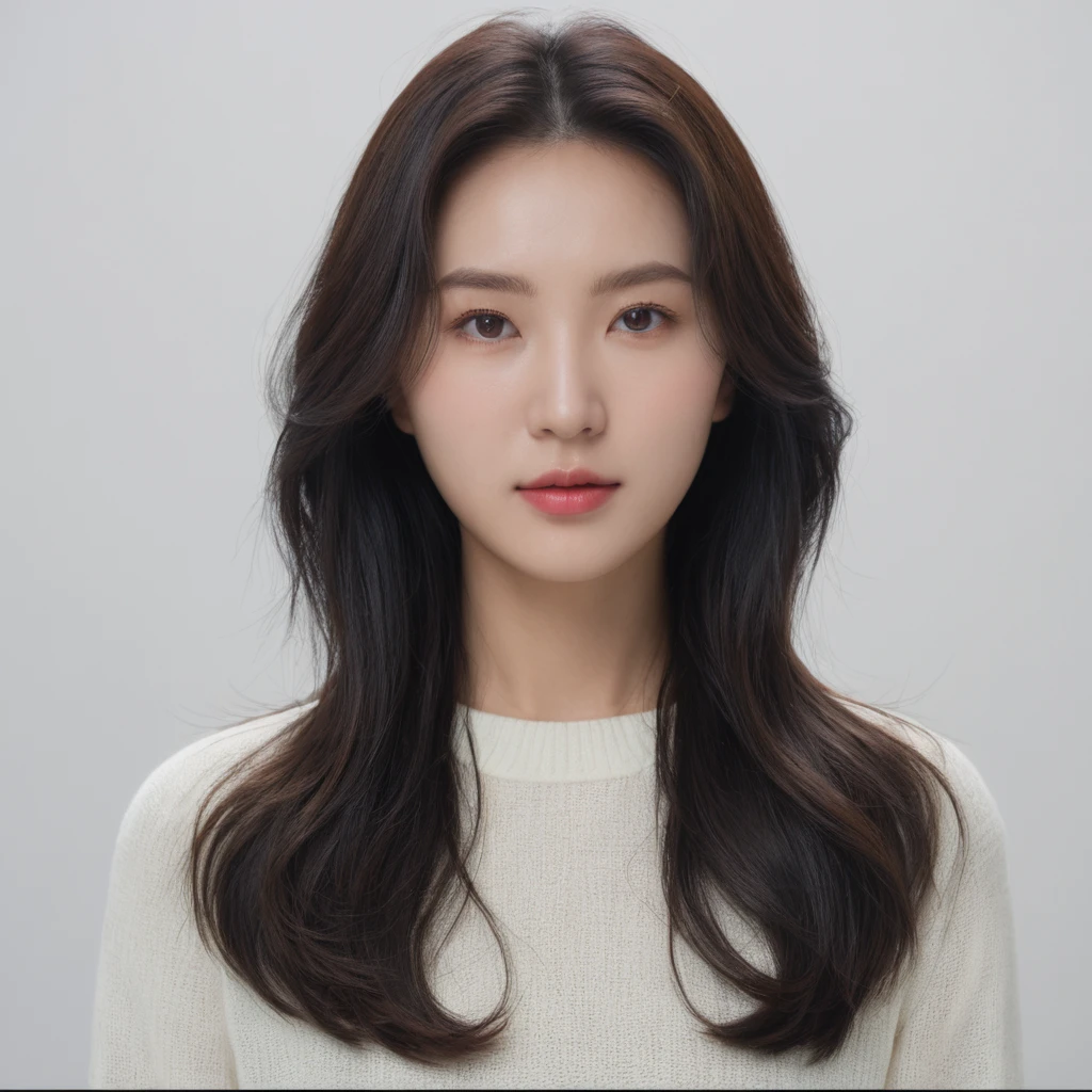 Best Quality, 8k, Masterpiece, (Portrait: 1.3), (photo realistic:1.4), (hyper realistic:1.4), Sharp Focus, looking at viewer, (smoother lighting:1.1), (increase cinematic lighting quality:0.9), realistic lighting, backlighting, light on face, ray trace, (brightening light:1.2), (Increase quality:1.4), sharp detail, (best quality real texture skin:1.4), finely detailed eyes, black_eyes, finely detailed face, 25 year old Korean woman, (white formal_shirt:1.4), (Create an image maintaining the original base model hairstyle:1.5)