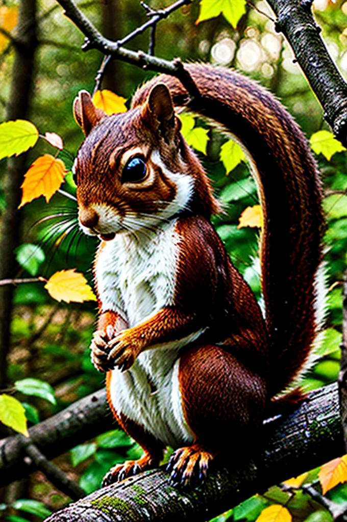 /imagineShow a diligent squirrel named Nutty gathering nuts with a focused expression in a peaceful part of the forest. Make Nutty's fur detailed and emphasize the autumn colors of the leaves on the trees,-- ar 3:2