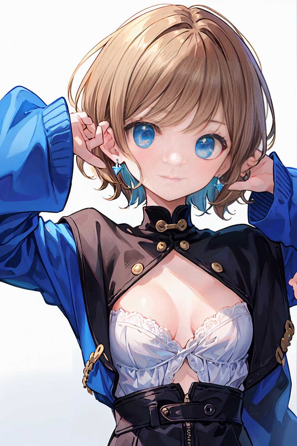 (Highest quality), (Ssuperiorer detailed), (Best illustrations), (masterpiece), score_9, score_8_superior, score_7_superior, masterpiece, 4K, 
(woman), put your hands in your hair,  (Small breasts:1.2), {Brown Hair, (Sideburns), (Bobcut:1.3), Curly Hair, Inner hair color}, {(Fine grain), blue eyes}, Captivating smile, blush, Earrings, White Background