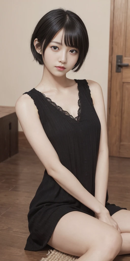 High resolution, masterpiece, Ruka Sarashina, short hair, black hair, (solo), 1girl, cute, interior, detailed eyes, (black eyes)