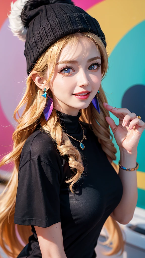 1 Girl,Sexy Mature,Long blonde hair,very long, Long Hair,blue eyes,Highly detailed face,Fine grain,Wearing a colorful brimless beanie hat,Big Breasts,Stylishly dressed,Black T-shirt,Statement Earrings、jewelry,Wear sunglasses,Full of smiles,Upper Body Shot,background:Colorful rainbow wall,nice,