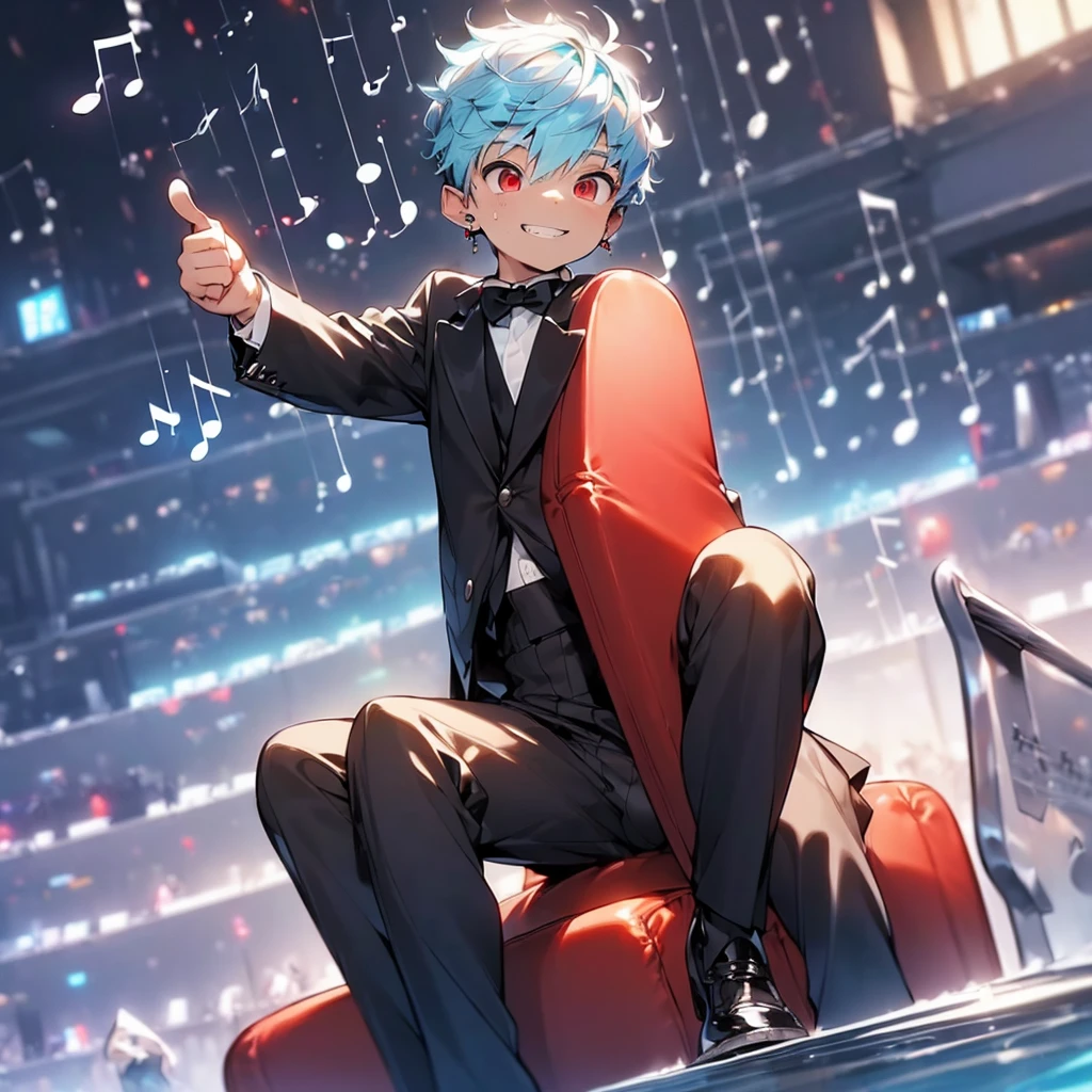 (solo:2.5), (boldline:-1.7), (put index finger on mouth:1.5), (floating musical notes:1.7), (sitting on red chair:1.5), (((fang))), (((best finger))), BREAK (best quality:1.5), (absolutely resolution:1.5), (ultra detailed:1.5), (masterpiece:1.5), (perfect face), (detailed face), (detailed eyes), (best eyes), (cute face), (shota:2), BREAK (tuxedo:1.5), (bulge:1.6), (skinny:1.3), BREAK (light blue hair:1.5), (spiked hair), (wine red eyes:1.4), (eyes with highlight:1.6), ((mole under eye)), (sweaty skin), (grin:1.5), ((earrings)), (shiny skin:1.3), BREAK (concert hall:1.5), (spot light:1.3), (at concert), (many people), ((wind blowing)), frow below,