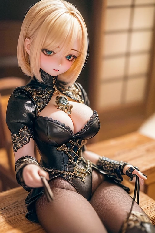 photorealistic, realistic photo, ((highest quality)), ((masterpiece)), (extremely detailed), kukolnydom, doll, (mature woman:1.7), solo, ((cowboy shot)), sitting on desk, green eyes, (looking down, blank eyes, empty eyes, detailed eyes:1.3), light smile, leotard, museum, 8k