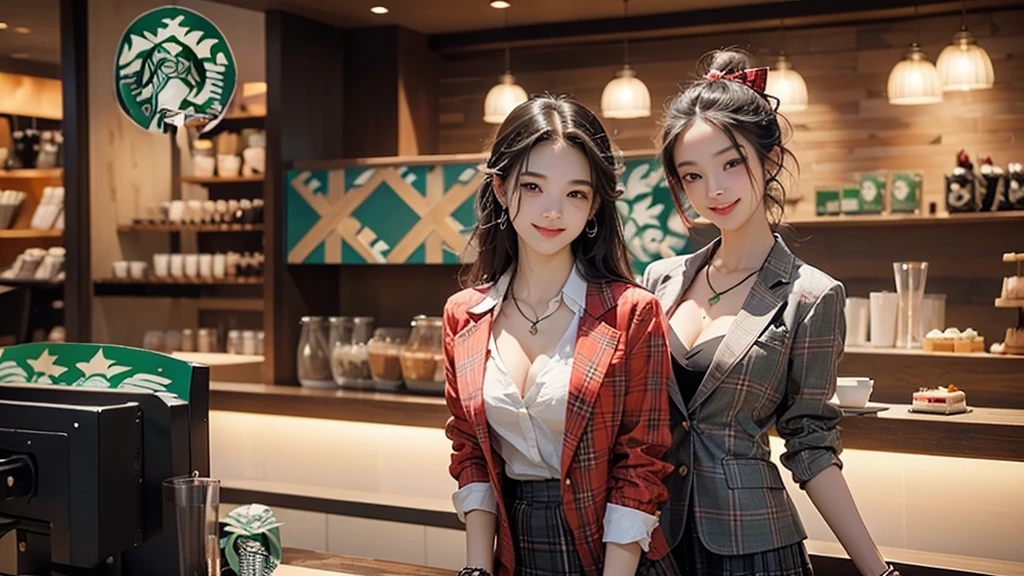 8K、RAW Photos、Highest quality、Super detailed、Super Resolution、Ultra HD、8K壁紙、Amazing details blazer uniform girl ((White blouse with formal collar, A nice red blazer, Black plaid skirt, Red checkered ribbon on blouse)), Complete limbs, Full Finger,
((((Inside the Starbucks store))))、16 year old female student、((Eat cake、Drink coffee、smile))、Heart Necklace、Gold bracelet
((Emphasize cleavage))