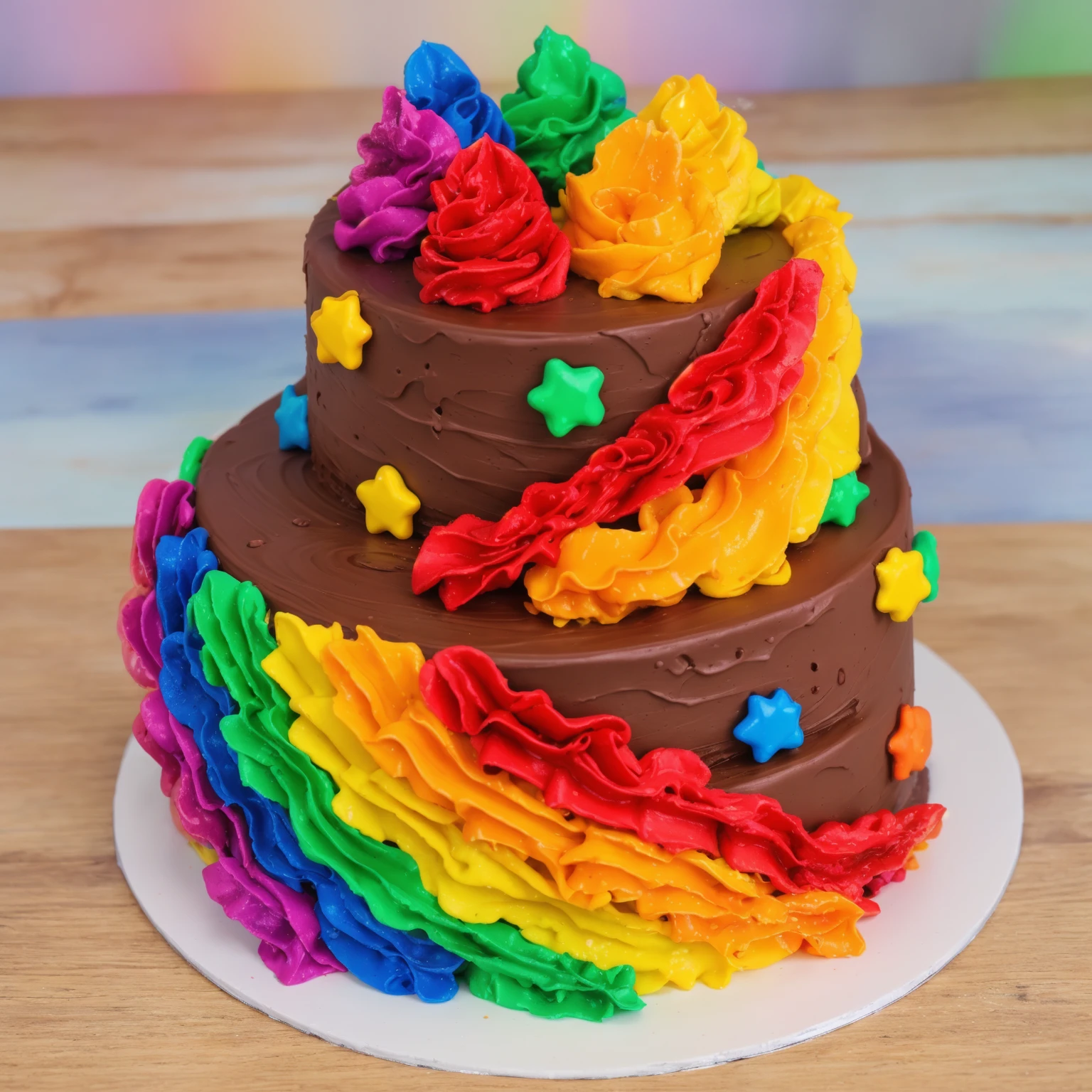 on a wooden table. there is a white plate. double tier chocolate cake, rainbow cream in the form of ruffles, decorated with rainbow stars made of polymer clay, multi-colored cream on top, against the background of the kitchen, Beautiful light from the window, Contour light, several light sources, beautiful lighting, Bright light source, bright lighting, beautiful light sources, Multiple light sources, Realistic style , realistic texture, detailed texture, A high resolution, high quality, beautiful photo of the cake, advertising photo, macro photography
