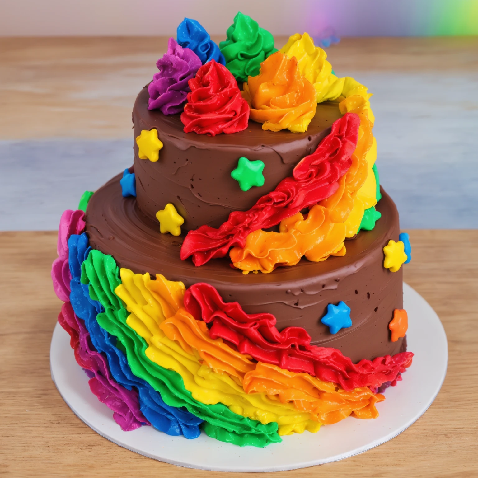 on a wooden table. there is a white plate. double tier chocolate cake, rainbow cream in the form of ruffles, decorated with rainbow stars made of polymer clay, multi-colored cream on top, against the background of the kitchen, Beautiful light from the window, Contour light, several light sources, beautiful lighting, Bright light source, bright lighting, beautiful light sources, Multiple light sources, Realistic style , realistic texture, detailed texture, A high resolution, high quality, beautiful photo of the cake, advertising photo, macro photography