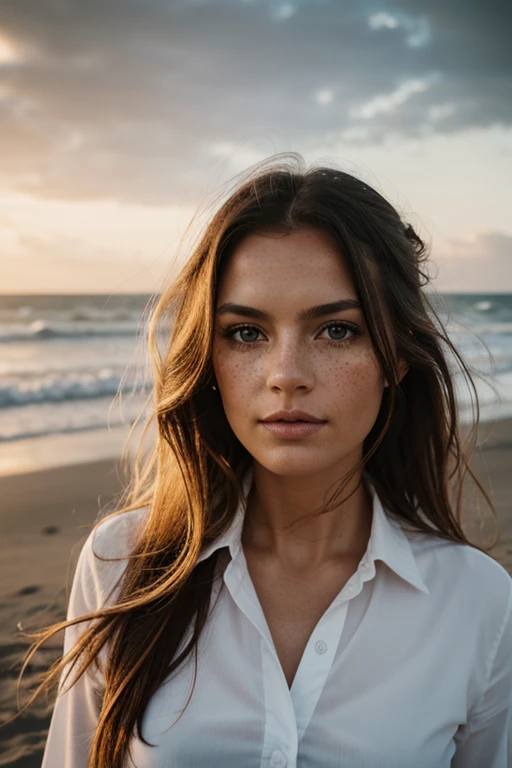 Nordic women,A strong wind is blowing,Beach Long Hair,Cool look,38 years old,Gaze to the left,film shooting,Cloudy,White shirt,Black Hair,A few freckles,snow,Flying Hair,Big messy hair,Surrealism,depth of field,Cold wind,Hair in face,lens flare, f/1.2, 85mm, Canon, uhd, retina,Morning Glow,