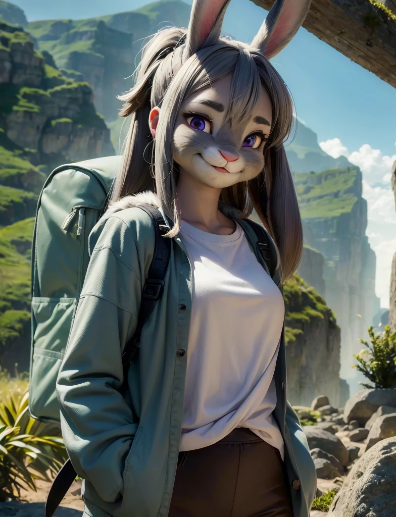 Highest quality,
masterpiece,
Ultra-realistic,
Super detailed,
Beautiful details,
4K，8K，upper,
pixar,
Photo realistic,
Medium Shot,
Background is ((Magnificent mountain)),
Realistic lighting,
hiking woman, 

((Anthropomorphic rabbit)),
Detailed animals,
Complex patterns,
(Furry:1.35),
(All skin is grey:1.3),
(The body is fluffy and bushy:1.1),
Realistic fur,

Human hand,

(Judy Hopps face:1.35),
((ponytail hair)),
((side part bangs)), bangs,
((dark gray hair color)),
Purple eyes,
{Eye highlights, Clear eyes, Eyes sparkling, Large, round pupils},
Detailed Iris, 
(Eyebrows raised:1.2),
(Crescent eyebrows:1.3),
(Bunny ears:1.3),
Smiling happily,
raised corners of mouth,

The woman is wearing T-shirt over the check shirt and shorts,
((White T-shirt)) BREAK ((gingham check shirt)) BREAK ((wine red Trekking Shorts)),
carry a backpack, rucksack,

(alone:1.5),
(1 Female:1.5),
Only 1 character,
Perfect Anatomy,

Lighting forward,
Lighting front,
sunlight, 
Intricate details, 
Ray Tracing, 
Realistic, 