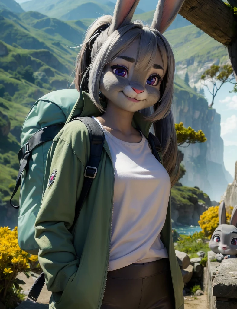 Highest quality,
masterpiece,
Ultra-realistic,
Super detailed,
Beautiful details,
4K，8K，upper,
pixar,
Photo realistic,
Medium Shot,
Background is ((Magnificent mountain)),
Realistic lighting,
hiking woman, 

((Anthropomorphic rabbit)),
Detailed animals,
Complex patterns,
(Furry:1.35),
(All skin is grey:1.3),
(The body is fluffy and bushy:1.1),
Realistic fur,

Human hand,

(Judy Hopps face:1.35),
((ponytail hair)),
((side part bangs)), bangs,
((dark gray hair color)),
Purple eyes,
{Eye highlights, Clear eyes, Eyes sparkling, Large, round pupils},
Detailed Iris, 
(Eyebrows raised:1.2),
(Crescent eyebrows:1.3),
(Bunny ears:1.3),
Smiling happily,
raised corners of mouth,

The woman is wearing T-shirt over the check shirt and shorts,
((White T-shirt)) BREAK ((gingham check shirt)) BREAK ((wine red Trekking Shorts)),
carry a backpack, rucksack,

(alone:1.5),
(1 Female:1.5),
Only 1 character,
Perfect Anatomy,

Lighting forward,
Lighting front,
sunlight, 
Intricate details, 
Ray Tracing, 
Realistic, 