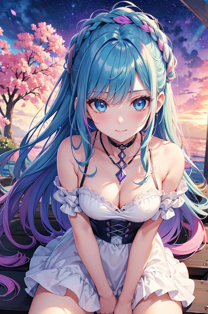 a women, blue butterfly, blue hair, pink eyes, blue dress