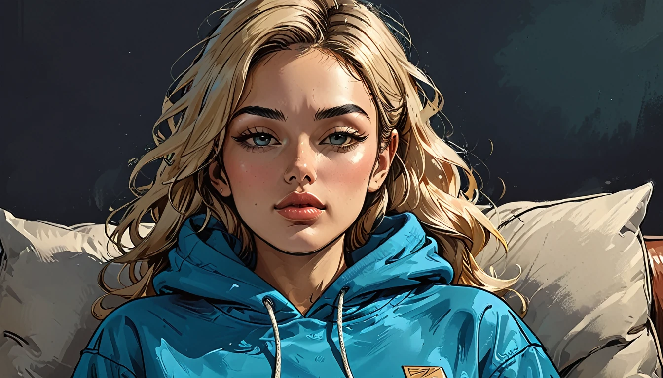 girl sleeping, girl lies with ((eyes closed)) in (Blue oversized hoodie) and black Elastic shorts at sofa at dark green office, adult, [Nordic], Hourglass elongated fitness body, perfect Olive skin, Oval Face, Long neck, Rounded shoulders, perfect hand, Attached Pointed ears, round forehead, Short blonde Waves pixie hair, snub nose, Arched eyebrows, High Round Narrow cheekbones, Dimpled Cheeks, Rounded Chin, Rounded Jawline, Full nude Lips, Nude Makeup Look, long eyelashes, graphic style of novel comics, 2d, 8k, hyperrealism, masterpiece, high resolution, best quality, ultra-detailed, super realistic, Hyperrealistic art, high-quality, ultra high res, highest detailed, lot of details, Extremely high-resolution details, incredibly lifelike, colourful, soft cinematic light,