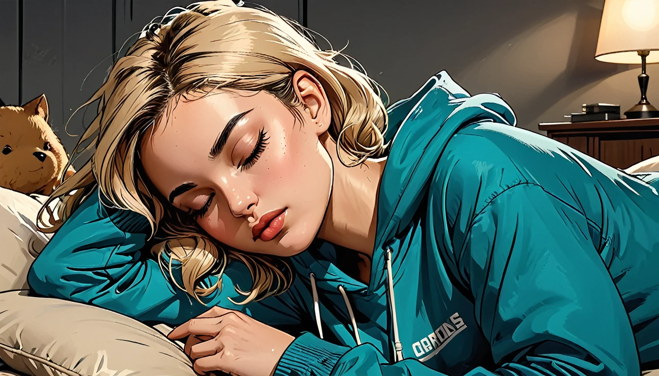 girl sleeping, girl lies with ((eyes closed)) in (Blue oversized hoodie) and black Elastic shorts at sofa at dark green office, adult, [Nordic], Hourglass elongated fitness body, perfect Olive skin, Oval Face, Long neck, Rounded shoulders, perfect hand, Attached Pointed ears, round forehead, Short blonde Waves pixie hair, snub nose, Arched eyebrows, High Round Narrow cheekbones, Dimpled Cheeks, Rounded Chin, Rounded Jawline, Full nude Lips, Nude Makeup Look, long eyelashes, graphic style of novel comics, 2d, 8k, hyperrealism, masterpiece, high resolution, best quality, ultra-detailed, super realistic, Hyperrealistic art, high-quality, ultra high res, highest detailed, lot of details, Extremely high-resolution details, incredibly lifelike, colourful, soft cinematic light,