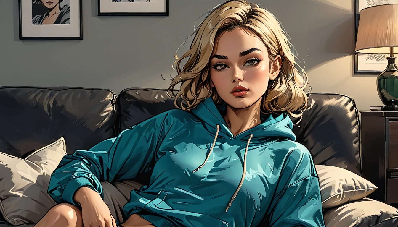 girl sleeping, girl lies with ((eyes closed)) in (Blue oversized hoodie) and black Elastic shorts at sofa at dark green office, adult, [Nordic], Hourglass elongated fitness body, perfect Olive skin, Oval Face, Long neck, Rounded shoulders, perfect hand, Attached Pointed ears, round forehead, Short blonde Waves pixie hair, snub nose, Arched eyebrows, High Round Narrow cheekbones, Dimpled Cheeks, Rounded Chin, Rounded Jawline, Full nude Lips, Nude Makeup Look, long eyelashes, graphic style of novel comics, 2d, 8k, hyperrealism, masterpiece, high resolution, best quality, ultra-detailed, super realistic, Hyperrealistic art, high-quality, ultra high res, highest detailed, lot of details, Extremely high-resolution details, incredibly lifelike, colourful, soft cinematic light,