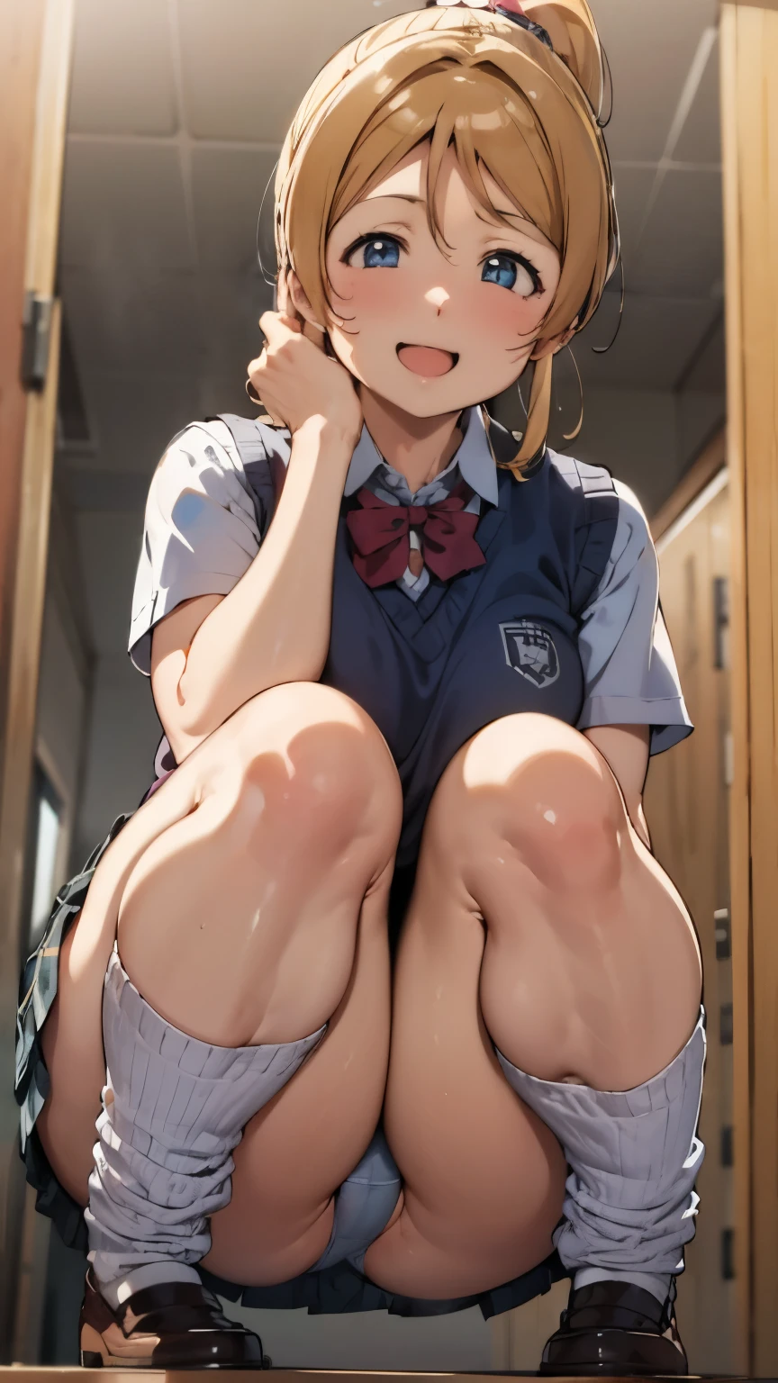 from front,focus on panties,fine underwear,black panty,flat chest
,BREAK,
eri ayase, blue eyes, blonde hair, ponytail, scrunchie,
BREAK skirt, bow, , socks, plaid, kneehighs, plaid skirt, sweater vest, summer uniform, otonokizaka school_uniform,
,BREAK, 
(((smile))) ,open mouth, look down at viewer, {{{shaded face}}}, masterpiece,absurderes, beautiful detailed face
,BREAK,
,Squat,looking down at viewer,Squatting, 
((masutepiece,hight resolution)), masutepiece, Best Quality, , absurderes, Perfect Skin, Detailed skin texture, ultra-detailliert, 8K, Intricate details, beautifull detailed face,hight resolution, 1girl ,from front.
indoors,locker room