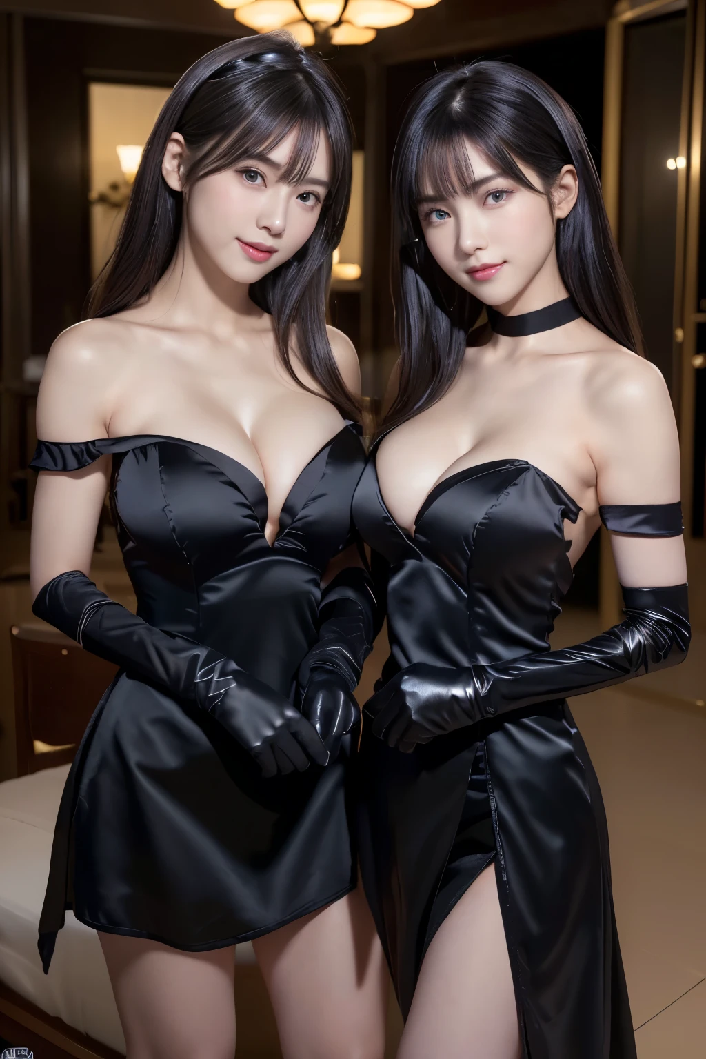 ((masterpiece)), ((Highest quality)), (Super detailed),Realistic, Extremely detailed CG unifies 8K, 8K,(Very beautiful face, Beautiful Lips, Beautiful Eyes)Young and beautiful woman in Japan , Attractive person ,(Group photo of two girls standing side by side in a room:1.3),(Two girls looking at me, Brush your hair back)Dynamic Angle, Full Body Shot, pretty girl, One girl, alone, (Shiny black off-the-shoulder satin dress:1.2), (Strapless:1.2)、(Black satin opera gloves:1.4)、Wearing knee-high boots, Subtle eye detail,((Beautiful Eyes)), Long Hair, Large Breasts, smile, Super cute face, Glossy Lips, Double eyelids on both eyes, Natural Makeup, Shiny and smooth light brown long bob hair, Asymmetrical bangs, Center image, High resolution, High detail, Detailed hairstyle, Detailed face, Spectacular movie lighting, Octane Rendering, Vibrant, hyper-authistic, Perfect limbs, Perfect Anatomy, (Big Breasts:1.3)