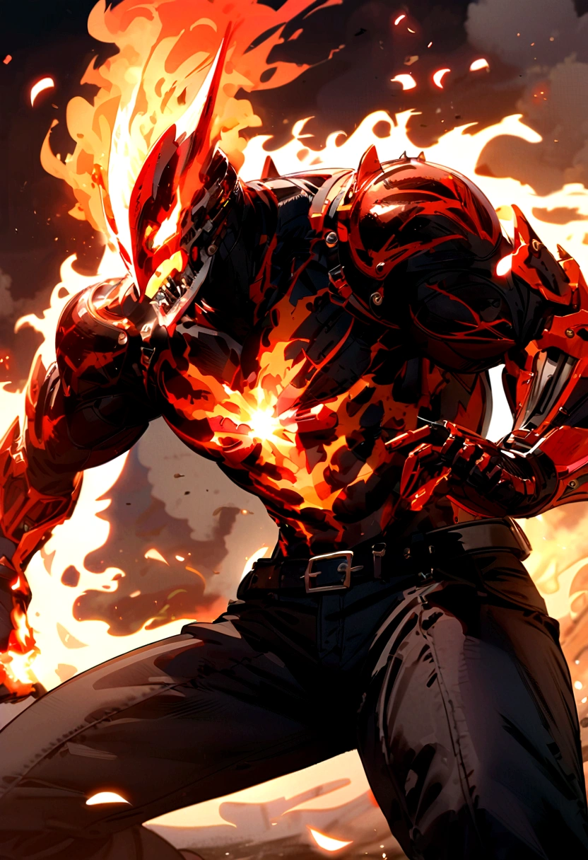 Gojo Satoru merged with Ghost Rider, looks ahead, more red, more details, Red eyes, pump the blow