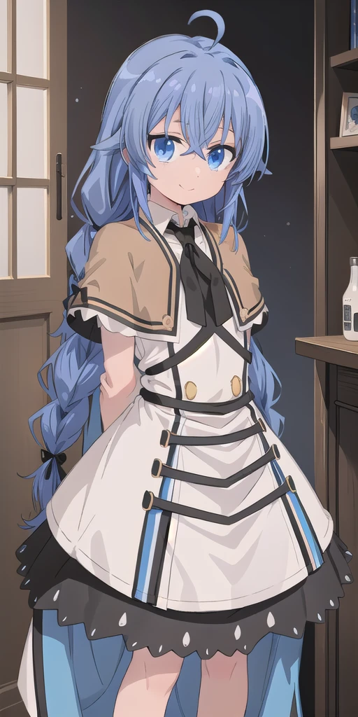 1girl,solo,full body,standing,(blue hair:1.2),long hair,twin braids,ahoge,(blue eyes:1.2),(beautiful fingers:1.2),(perfect anatomy:1.4),(arms_behind_back:1.4),(cold_shoulder:1.2),masterpiece,best quality,(Ultra high definition eyes:1.2),8k,(Beautiful detailed eyes:1.2),(Fine and beautiful eyes:1.2),(pretty eyes:1.2),finely detail,extremely CG, absurdres,high resolution,illustration,Detailed and beautiful outlines,finely detail,high resolution,(colorful refraction:1.4,Increase saturation:1.2),beautiful lighting,dynamic lighting,closed room,black background,simple background, smile,looking at viewer,white dress, neck ribbon, black ribbon, black skirt, brown cape