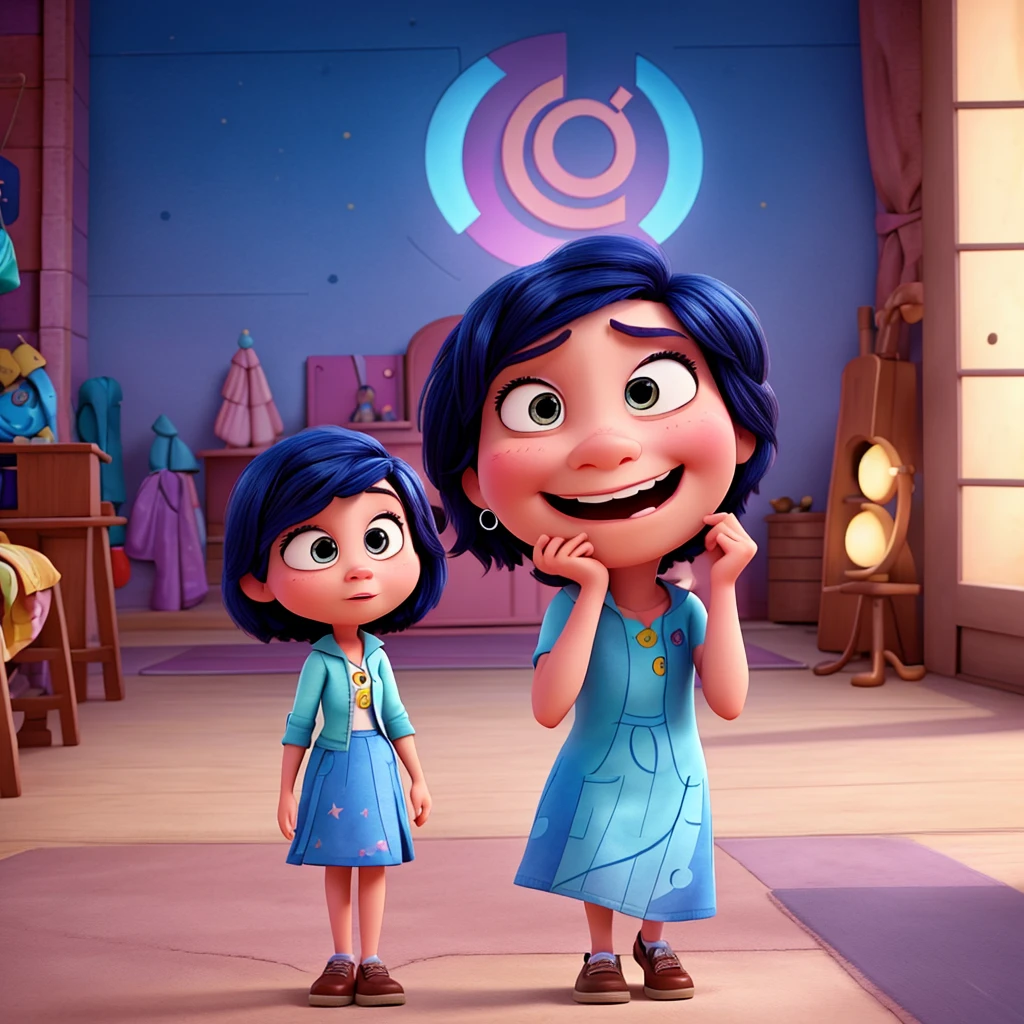 Disney Pixar style illustration of a female character, based on the film "InsideOut". The same character must be repeated 6 times, each representation must have the emotion: craziness, desperation