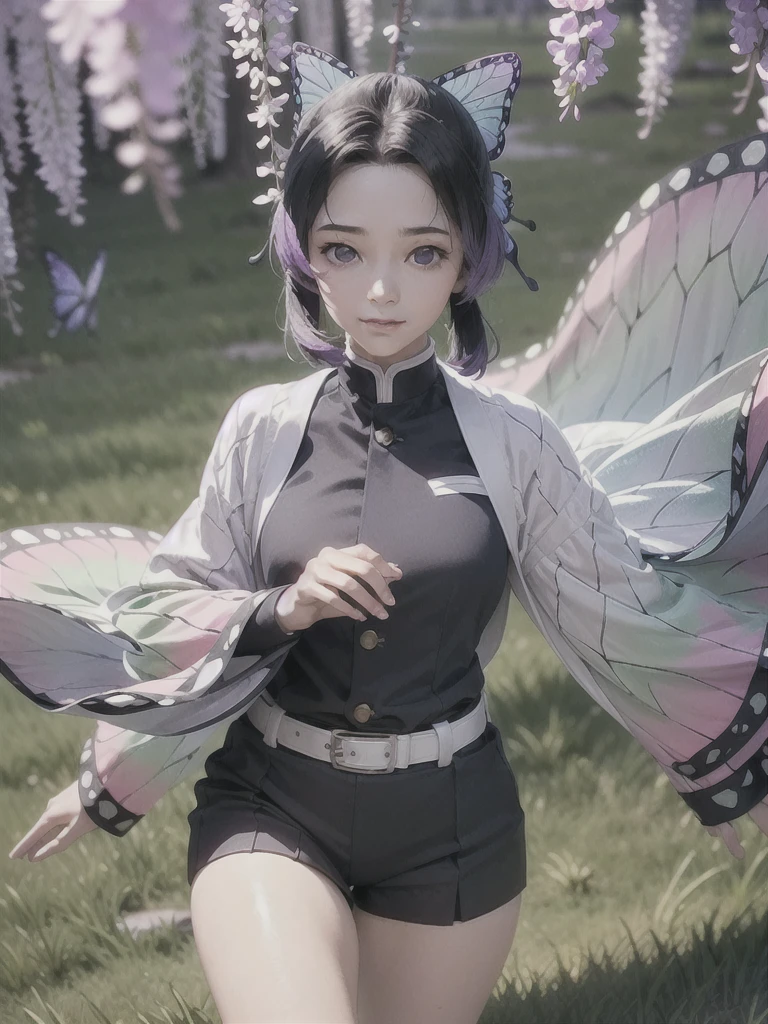 Ultra-realistic 8K CG,masterpiece,((Highly detailed background, Delicate pattern, Intricate details)),Highest quality,very detailed face,Very fine grain and face,Very fine grain,kochou shinobu,Multicolored Hair,No bangs,Hair Intake,Purple eyes,amount,Black Shirt,Black trousers,Haori,butterfly,button,belt,(garden:1.2),Purple Flower,Little,cloudy null,sunlight,Tidal effect,Slope_null,face,Gorgeous null,West Saber,Attractive posture,