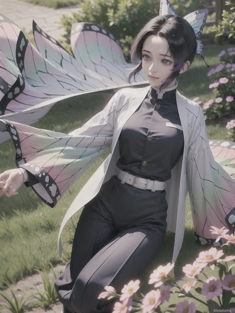 Ultra-realistic 8K CG,masterpiece,((Highly detailed background, Delicate pattern, Intricate details)),Highest quality,very detailed face,Very fine grain and face,Very fine grain,kochou shinobu,Multicolored Hair,No bangs,Hair Intake,Purple eyes,amount,Black Shirt,Black trousers,Haori,butterfly,button,belt,(garden:1.2),Purple Flower,Little,cloudy null,sunlight,Tidal effect,Slope_null,face,Gorgeous null,West Saber,Attractive posture,