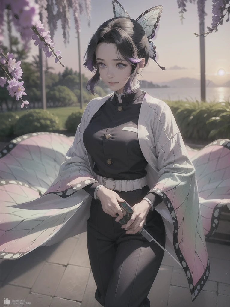 Ultra-realistic 8K CG,masterpiece,((Highly detailed background, Delicate pattern, Intricate details)),Highest quality,very detailed face,Very fine grain and face,Very fine grain,kochou shinobu,Multicolored Hair,No bangs,Hair Intake,Purple eyes,amount,Black Shirt,Black trousers,Haori,butterfly,button,belt,(garden:1.2),Purple Flower,Little,cloudy null,sunlight,Tidal effect,Slope_null,face,Gorgeous null,West Saber,Attractive posture,