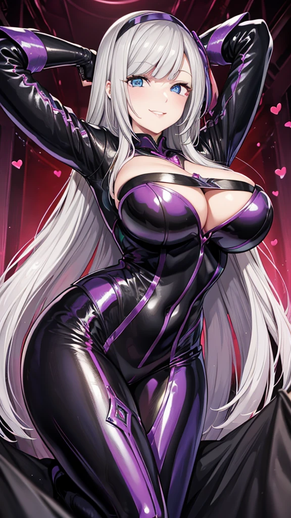 Erotic, tall, busty, mature, married woman, female executive in shiny purple rubber suit, red, black background, hearts, bedroom, dark theme, evil, temptation, excitement, condescending smile, sexy pose, upper body emphasis, angle from below