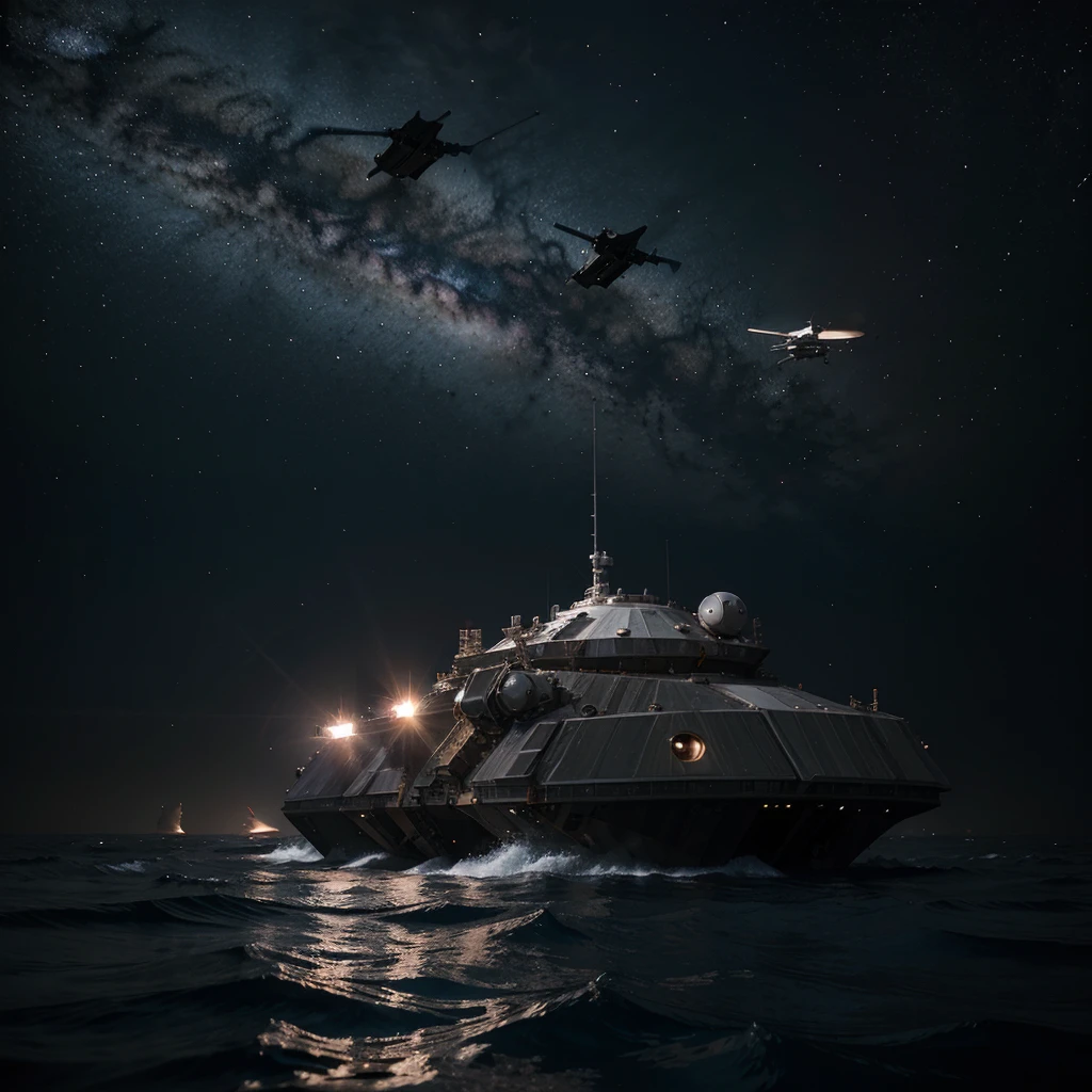 Create a detailed description of the spacecraft, floating in the darkness of deep space