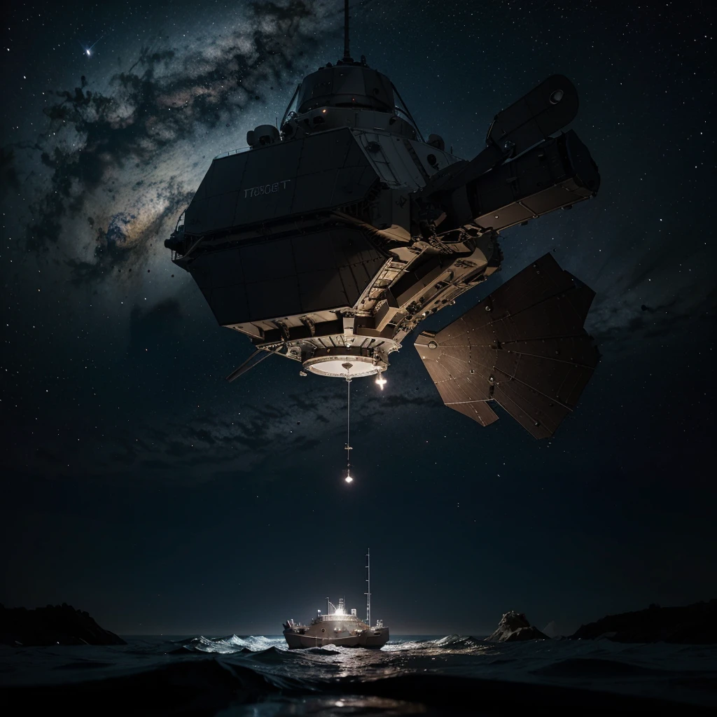 Create a detailed description of the spacecraft, floating in the darkness of deep space