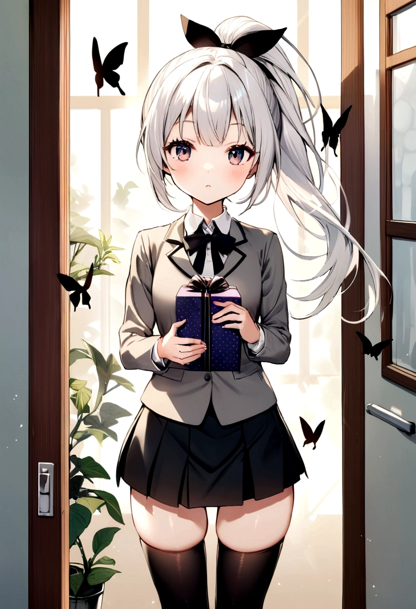 Older sister, white ponytail Black butterfly gift, , short skirt, long black stockings in school