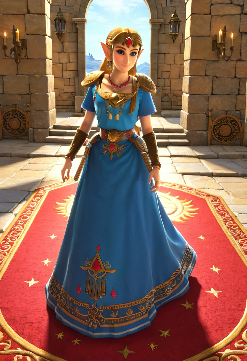 Princess Zelda, in a gorgeous castle, standing gracefully, ((red carpet on the floor)), soft smile