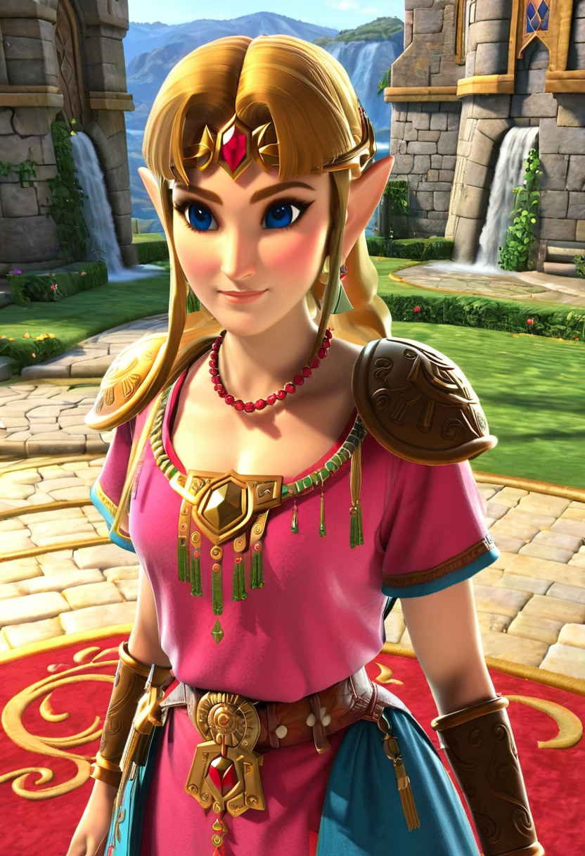 Princess Zelda, in a gorgeous castle, standing gracefully, ((red carpet on the floor)), soft smile