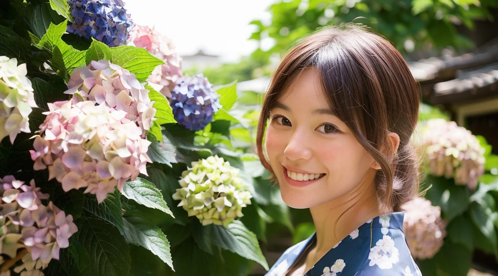 Generate a beautiful woman with chestnut hair wearing a yukata. The background features hydrangea flowers. Focus on the upper body with a smiling expression.


