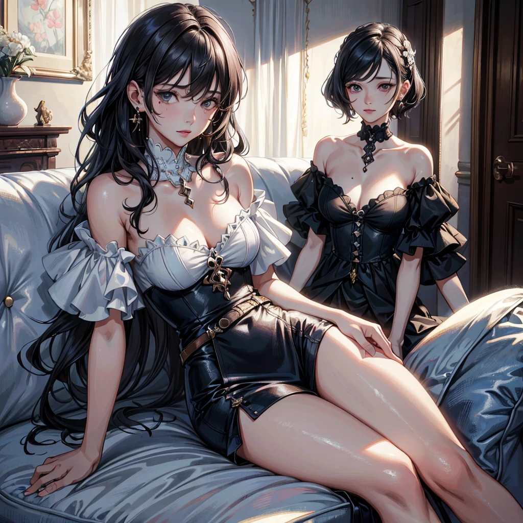 ((((absurdres, RAW photo, extremely delicate and beautiful, masterpiece, Best Quality, ultra high resolution, 32k, hyperrealistic, ultra-detailed)))), in her 20s, very Slim body, narrow waist, very small head, very small face, delicate facial features, beautiful face, beautiful eyes, very huge round tits, medium hair, black hair, wavy hair, tearful mole, earring, full body shot, off-the-shoulder cut top, sofa,