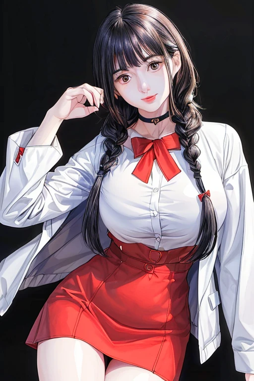 Simple White background, Bow ribbon_Necklace,clavicle, long_sleeve, Open_clothing, Open_jacket, Red_jacket, White_shirt, Bangs, Black_Eye, Black_hair, blunt_Bangs,long_hair,Single Braid, 1 girl, 20 years old,infp young woman,beautiful Finger,beautiful long legs,beautiful body, beautiful nose,beautiful character design, 完美的Eye, 完美Face蛋,富有表现力的Eye,Perfect balance, Looking at the audience,(把注意力集中在她的Face上),Shut up, (Innocent_Large target_Eye:1.0),(Light_Smile:1.0), Official Art,the Extremely Detailed CG Unity 8K Wallpapers, Perfect 灯Light,colorful, bright_front_Face_灯Light,White skin, (On the table:1.0),(the best_quality:1.0), 超high resolution,4K,Extremely detailed, photography, 8K, nffsw, high resolution, :1.2, Kodak Portra 400, Film Grain, Blurred background, Bokeh:1.2, 镜头Light晕, (Energetic_color:1.2),专业photography, (beautiful,Large target_breast:1.4),(((丰满柔软的breast,)))(((巨Large targetbreast))) (((Cleavage))) (beautiful_Face:1.5),(narrow_waist),