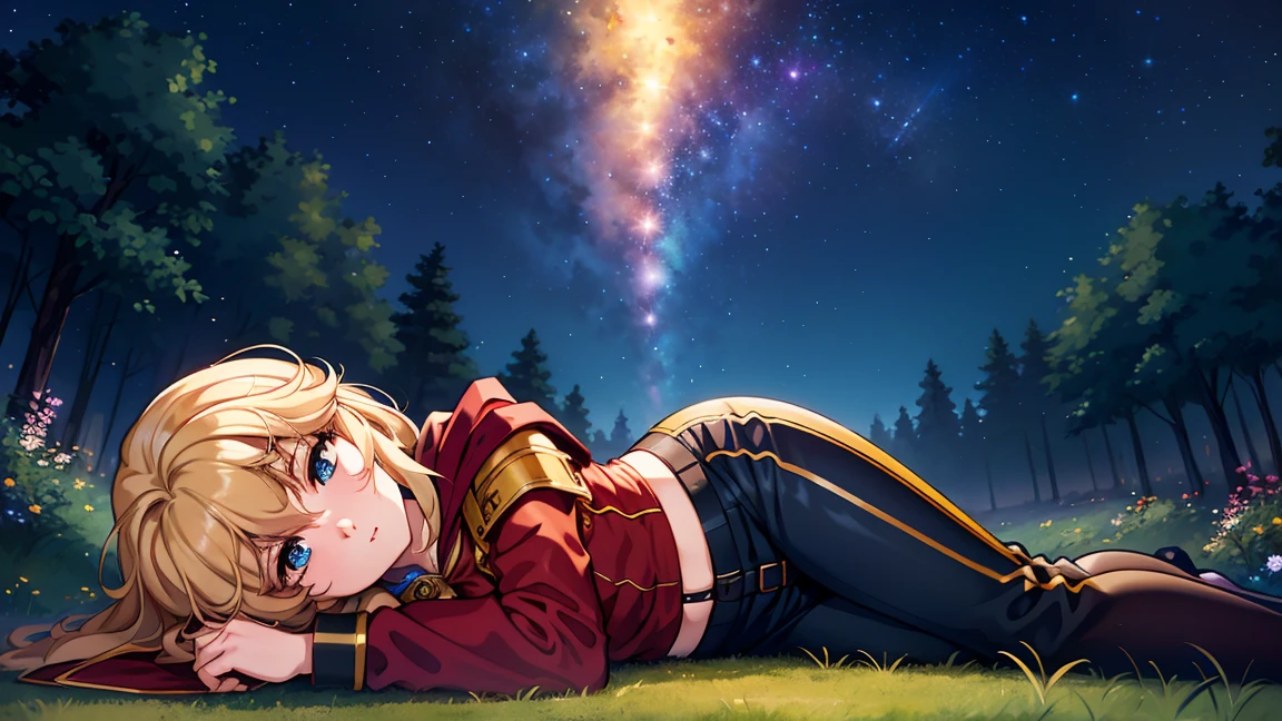 A human female adventurer camping outdoors in a fantasy game world, illustrated in a Japanese anime style. She is lying on her back near a campfire, gazing up at the starry night sky. She has short, wavy blonde hair. She is dressed in a dark blue tunic, black pants, and boots, along with a red cloak. Her large, expressive eyes are filled with wonder as she looks at the stars. The background features a dense, enchanted forest under the sparkling sky. The scene is detailed with vibrant colors and a focus on anime aesthetics. 