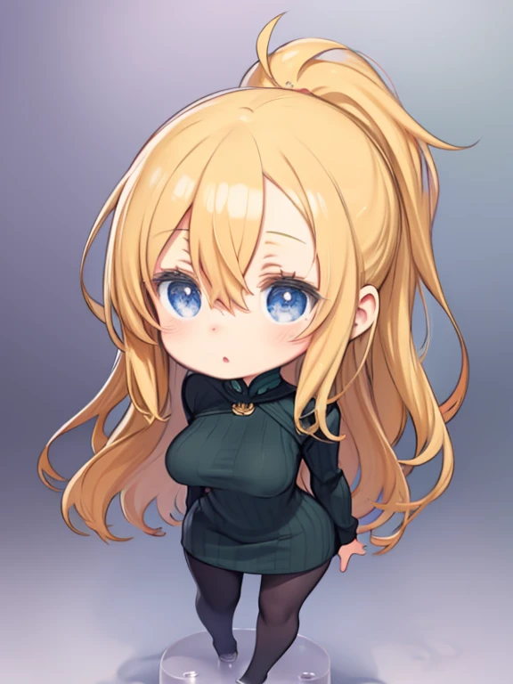 Front view、One Girl、Simple Background、(Chibi Character、Nendoroid、Big Head、Big eyes)、Long blonde、Blue Eyes、Hair between the eyes、Green Turtleneck Sweater、Big Breasts、Huge breasts、upright、Are standing、Head to toe diagram、Clear contours、Beautiful Eyes、Full body view、Detailed facial depiction、Stand with your feet apart、