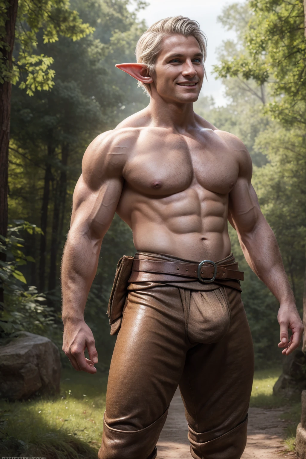 Man elf, handsome,Britisher, elf ears,short hair,Linen Whitegold hair color ,,sport body, big muscle, Handsome face,flawless white skin, cute, pointed ears, wood elf, bowman, pull the bow, pull the bow, shooting bow, action pose, arrows, quiver, leather belt, chest guard, arm guard, shirtless, boots, full body,(Absurdres, intricate details, masterpiece, best quality, high resolution, 8k),(18 year old boy ,(pleased, pleasure face , blush, horny smirk, forest background, big bulge, nsfw, see through,big bulge and big butts,(Best quality, 8k, Masterpiece).,Smiling face, good mood.highest detail, superior quality, natural lighting, beautiful, sexy, correct anatomy, good composition,realistic shapes, realistic skin tones,Natural eyes,realistic eyes,looking up at viewer,vpl,realistic muscles,Realistic wrinkles on the skin,Realistic arms and legs,Realistic face,realistic hair,Make a sexy and seductive face, man focus,amazing composition, front view, HDR, volumetric lighting, ultra quality, elegant,Post a erotic photoshoot,Realistic pose,detailed hair,full body,Fujifilm XT3 photorealistic art by midjourney