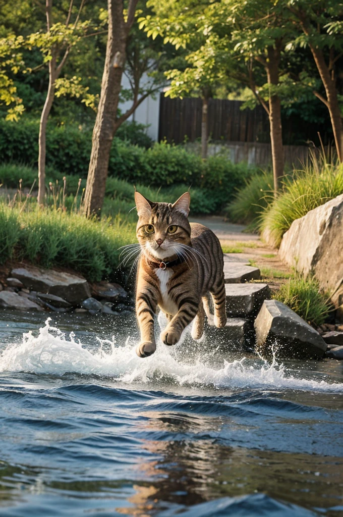 A cat run after stilling a fish