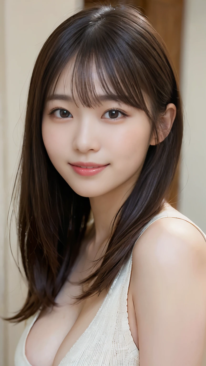 (masterpiece:1.3), (8K, Photorealistic, RAW Photos, Best image quality: 1.4), Japanese Girls、、(Random hairstyle:1.2)、(Cleavage:1.2)、Super detailed face、Eye on the details、double eyelid、Chest to chest、Sharp focus:1.2、(Cute Woman:1.4)、Light brown hair、bangs、Highest quality、Ultra-high resolution、(Photorealistic:1.4)、Highly detailed and professionally lit smiles、Loose, lightweight knitwear、thin、smile、Long Hair、Upper body portrait