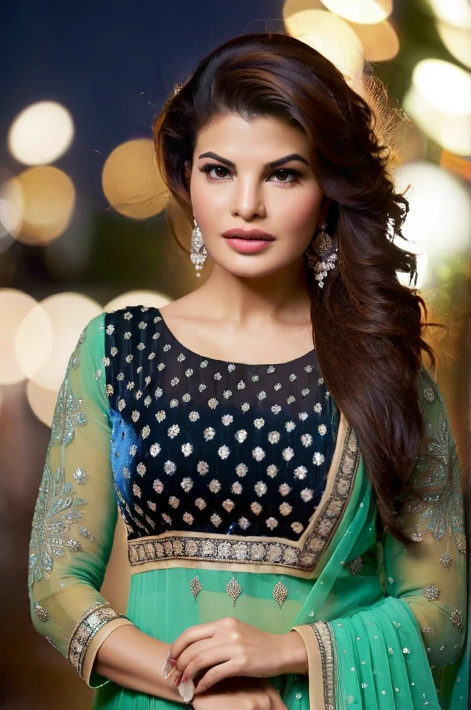 Highres ultrarealistic photo of a 30 year old woman, jacqueline fernandez, solo, wearing (salwar_kameez_chunni:1.2), night time, beautiful bokeh of city lights