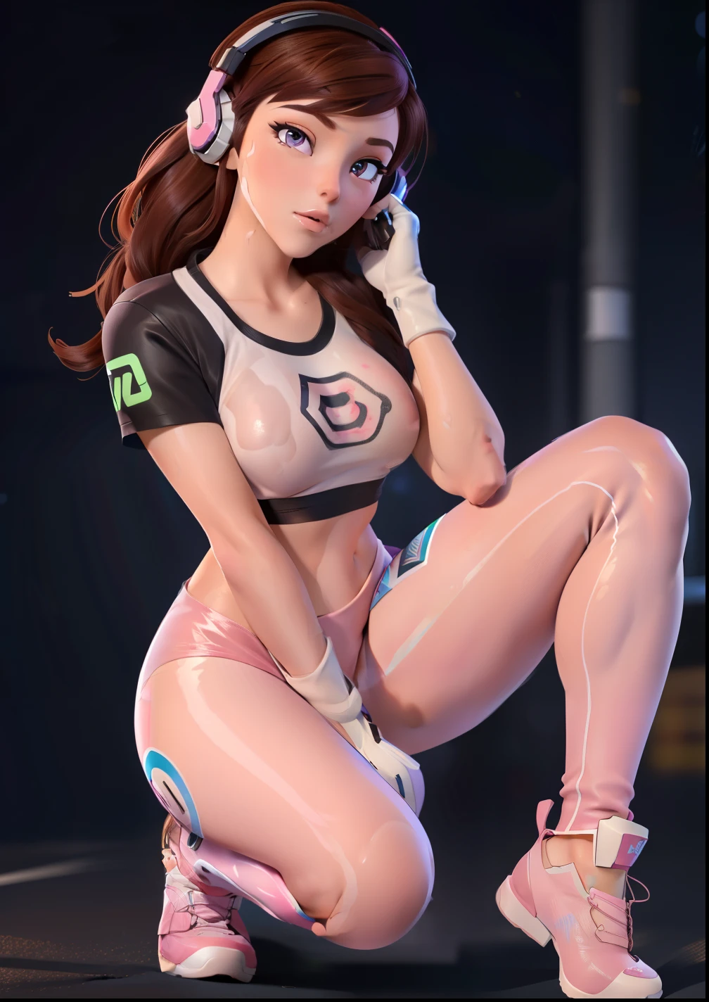 Masterpiece, Best Quality, High Resolution, 1Girl, Ultra High Resolution, Solo D.VA, Headphones, Pink eyes, Brown Hair, White Gloves, Face Decoration, Full Body Shot, Cute, Realistic, Cute Pose, Perfect Body, Cyber Punk background, wet street, Crop Top, Latex leggings, nsfw, cum, sexy, ahegao 