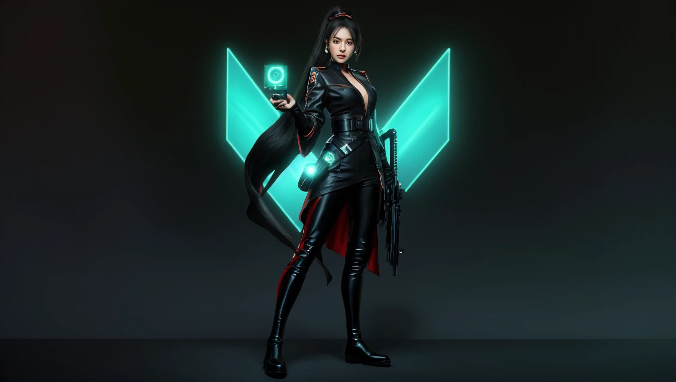 cyberpunk-style city with a nocturnal vibe with Matrix-like aesthetic references, glowing huge clock tower as time machine, green glowing cascading code. At night, (1girl, solo, alone), photorealistic, medium-breast slim:0.6 body, oval:0.5 face, cleavage:1.1, sexy black laced bra, miniskirt, white laced panty, coat, (black micro sunglasses), (holding a short gun), (slightly leaning forward running pose), ((half-body thigh level medium shot)), cinematic lighting, ray tracing, motion blurred background.
