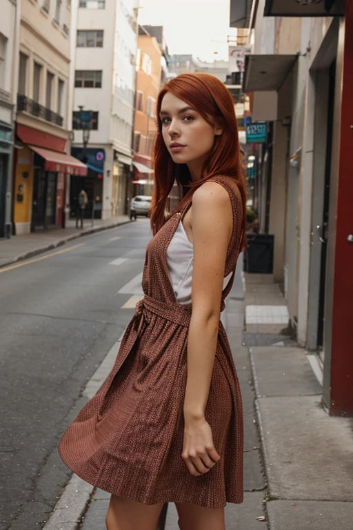high quality, red hair , tall girl, casual dress