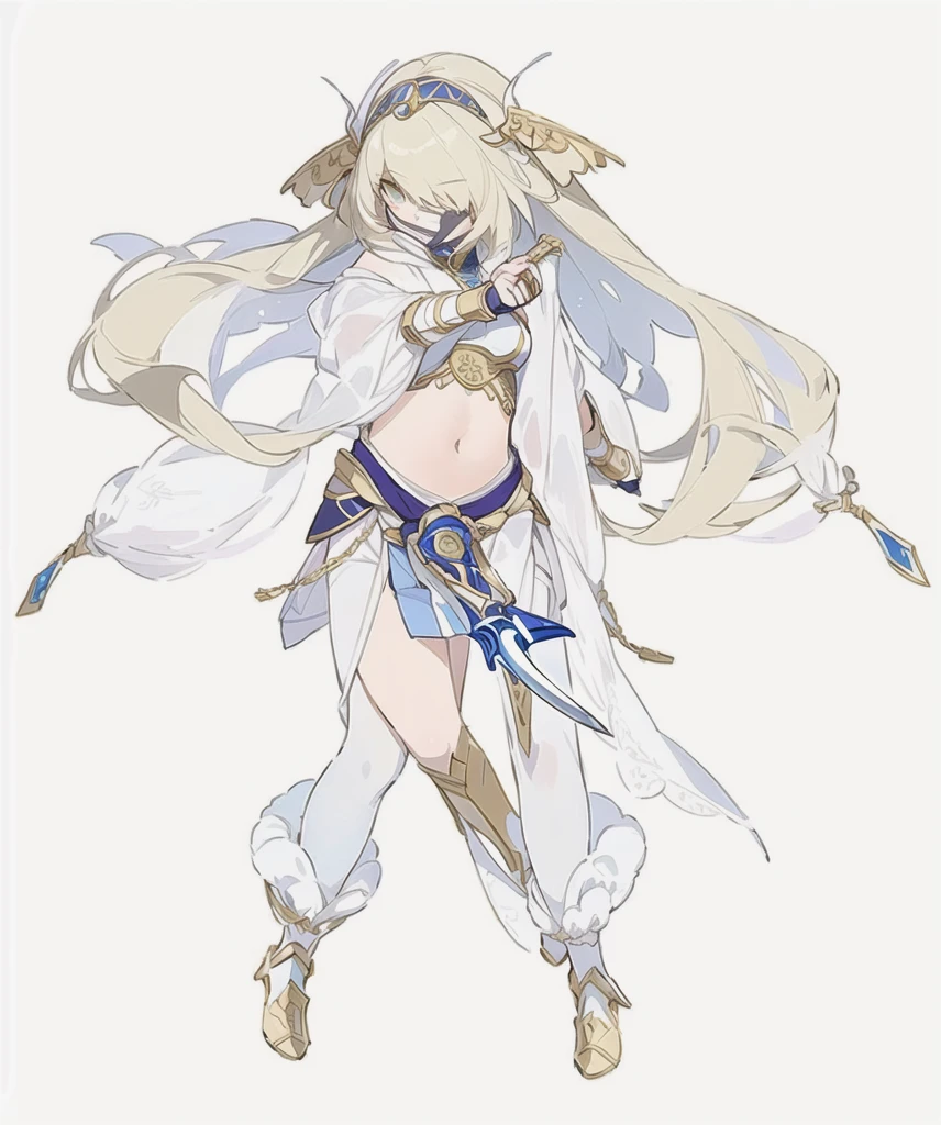 lexington \(warship girls r\),((Best quality))), ((Ultra-detailed)), ((illustration)), ((Disheveled hair)), ((frilld)), (1 girl), (Solo),,1girl, arabian_clothes, bare_shoulders, breasts, bridal_gauntlets, full_body, jewelry, long_hair, mask, midriff, mouth_veil, navel, necklace, pants, solo, veil, rating:safe, arm_warmers, blue_footwear, card, card_(object), choker, cleavage, dress, female, hair_ornament, hand_up, holding, holding_card, holding_object, looking_at_viewer, makaria, small_breasts, standing, standing_on_one_leg, sun_hair_ornament, flaxen long hair(delicate hair),blue eyes(delicate eyes),