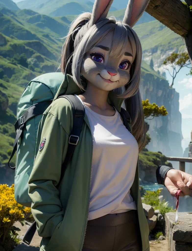 Highest quality,
masterpiece,
Ultra-realistic,
Super detailed,
Beautiful details,
4K,8K,upper,
pixar,
Photo realistic,
Medium Shot,
Background is ((Magnificent mountain)),
Realistic lighting,
hiking woman,
((Anthropomorphic rabbit)),
Detailed animals,
Complex patterns,
(Furry:1.35),
(All skin is grey:1.3),
(The body is fluffy and bushy:1.1),
Realistic fur,
Human hand,
(Judy Hopps face:1.35),
((ponytail hair)),
((side part bangs)), bangs,
((dark gray hair color)),
Purple eyes,
{Eye highlights, Clear eyes, Eyes sparkling, Large, round pupils},
Detailed Iris,
(Eyebrows raised:1.2),
(Crescent eyebrows:1.3),
(Bunny ears:1.3),
Smiling happily,
raised corners of mouth,
The woman is wearing T-shirt over the check shirt and shorts,
((White T-shirt)) BREAK ((gingham check shirt)) BREAK ((wine red Trekking Shorts)),
carry a backpack, rucksack,
(alone:1.5),
(1 Female:1.5),
Only 1 character,
Perfect Anatomy,
Lighting forward,
Lighting front,
sunlight,
Intricate details,
Ray Tracing,
Realistic,