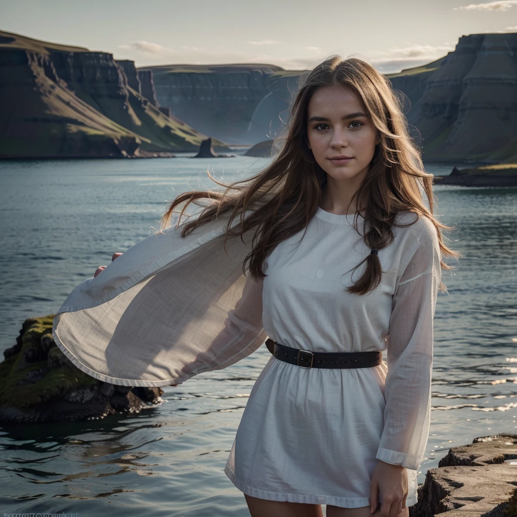 RAW, photograph,((best quality)), ((masterpiece)), ((realistic)), gorgeous icelandic woman, icelandic woman with all her features and characteristics, standing upright on the edge of a cliff, with a stunning view of a icelandic fjord below, (she’s wearing typical icelandic clothing), in the sunset light, smiling, innocent, (freckles:0.6), intricate details, highly detailed, sharp focus, professional, 4k, god rays, delicate, innocent, highres, detailed facial features, high detail, sharp focus, smooth, aesthetic, extremely detailed, photo_\(ultra\), photorealistic, realistic, post-processing, max detail, roughness, real life, ultra realistic, photorealism, photography, 8k uhd, photography, SEMI-SILHOUETTE light, instagram, viral instragram photo